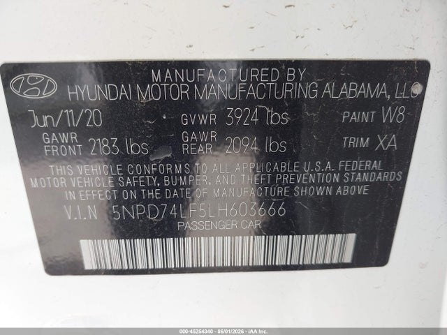 Продажа на аукционе авто 2020 Hyundai Elantra Se, vin: 5NPD74LF5LH603666, номер лота: 45254340