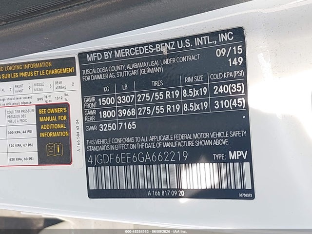 45254363 :رقم المزاد ، 4JGDF6EE6GA662219 vin ، 2016 Mercedes-benz Gl 450 4matic مزاد بيع