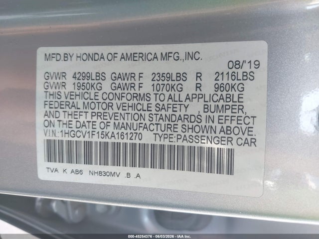 Продажа на аукционе авто 2019 Honda Accord Lx, vin: 1HGCV1F15KA161270, номер лота: 45254376