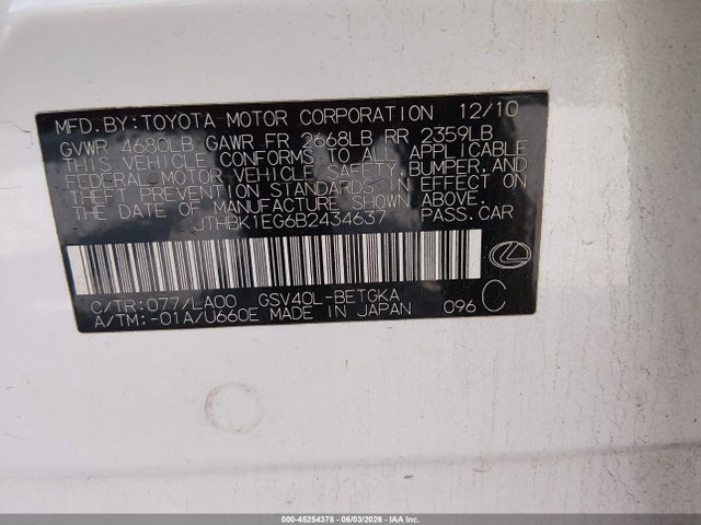 Продажа на аукционе авто 2011 Lexus Es 350, vin: JTHBK1EG6B2434637, номер лота: 45254378