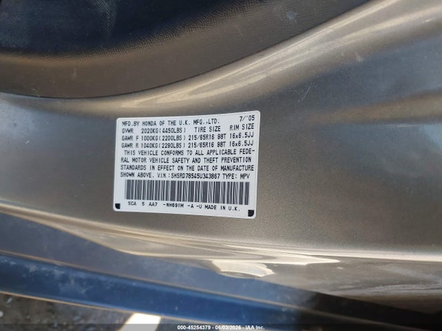 Aukcja sprzedaży 2005 Honda Cr-v Lx, vin: SHSRD78545U343867, numer aukcji: 45254379