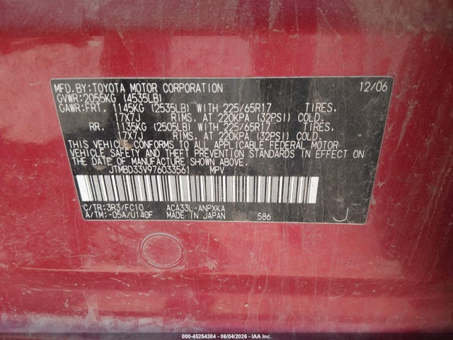 45254384 :رقم المزاد ، JTMBD33V976033561 vin ، 2007 Toyota Rav4 مزاد بيع