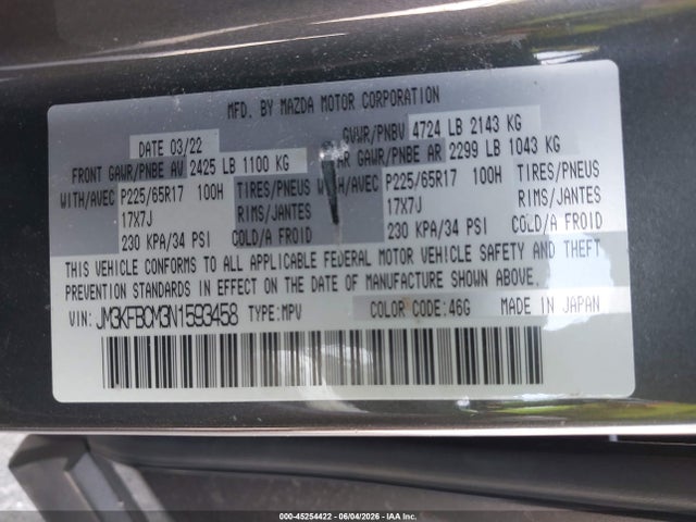 45254422 :رقم المزاد ، JM3KFBCM3N1593458 vin ، 2022 Mazda Cx-5 2.5 S Preferred مزاد بيع