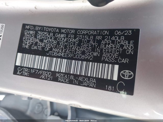 45254426 :رقم المزاد ، JTDB4MEEXPJ008992 vin ، 2023 Toyota Corolla Le مزاد بيع