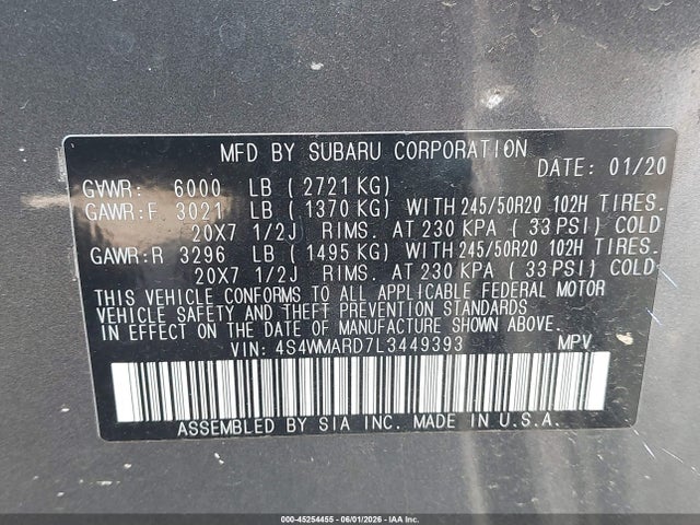 2020 Subaru Ascent Touring მანქანა იყიდება აუქციონზე, vin: 4S4WMARD7L3449393, აუქციონის ნომერი: 45254455