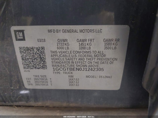 1GCGTBEN0J1242305 Chevrolet Colorado Wt