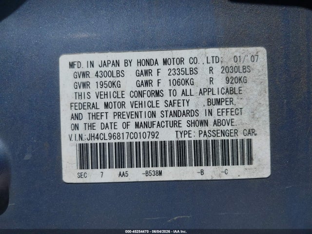 Aukcja sprzedaży 2007 Acura Tsx, vin: JH4CL96817C010792, numer aukcji: 45254470
