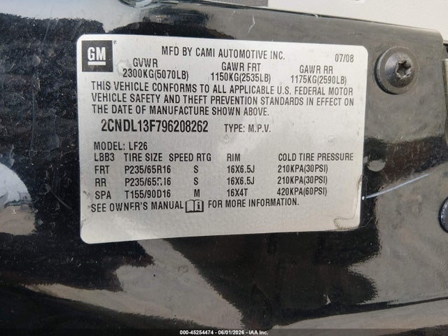 45254474 :رقم المزاد ، 2CNDL13F796208262 vin ، 2009 Chevrolet Equinox Ls مزاد بيع