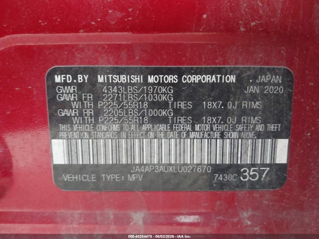 Aukcja sprzedaży 2020 Mitsubishi Outlander Sport 2.0 Es, vin: JA4AP3AUXLU027670, numer aukcji: 45254478