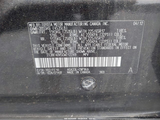 Продаж на аукціоні авто 2012 Toyota Rav4, vin: 2T3BF4DV5CW212249, номер лоту: 45254499