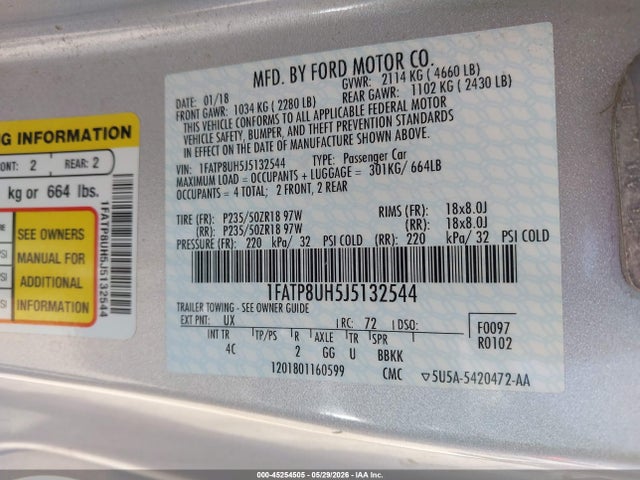Продажа на аукционе авто 2018 Ford Mustang Ecoboost Premium, vin: 1FATP8UH5J5132544, номер лота: 45254505