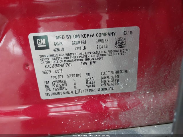 45254515 :رقم المزاد ، KL4CJBSB4FB179901 vin ، 2015 Buick Encore Convenience مزاد بيع