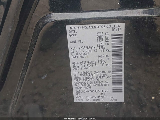Продаж на аукціоні авто 2017 Nissan Pathfinder S, vin: 5N1DR2MM7HC653527, номер лоту: 45254533
