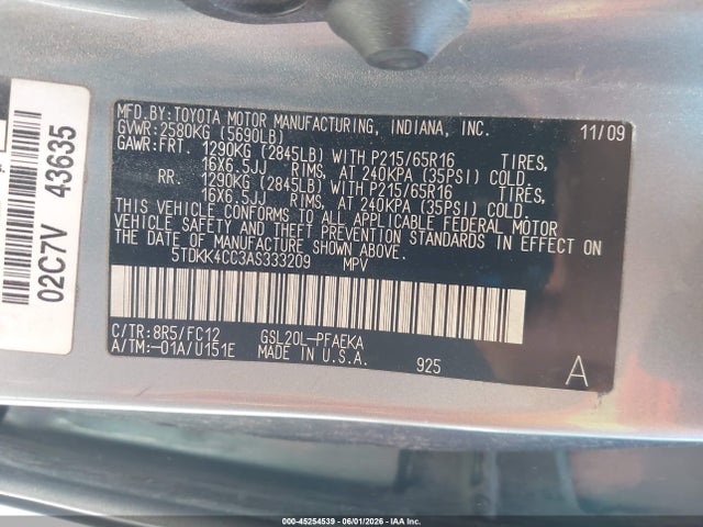 Aukcja sprzedaży 2010 Toyota Sienna Le, vin: 5TDKK4CC3AS333209, numer aukcji: 45254539