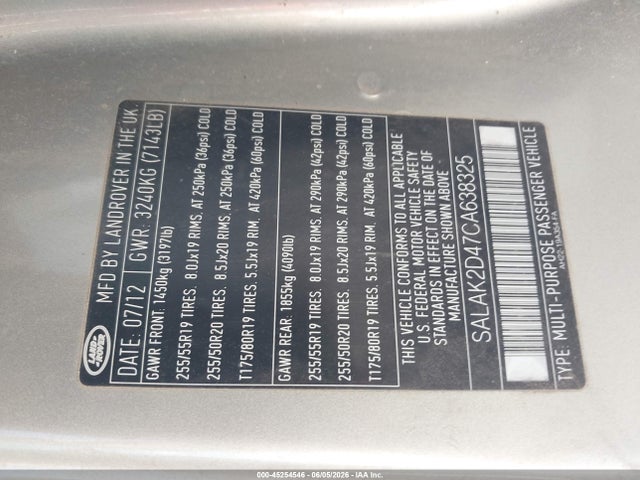 2012 Land Rover Lr4 მანქანა იყიდება აუქციონზე, vin: SALAK2D47CA638325, აუქციონის ნომერი: 45254546