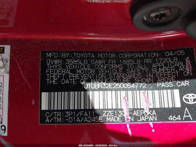 45254550 :رقم المزاد ، JTDBR32E250054772 vin ، 2005 Toyota Corolla Ce مزاد بيع