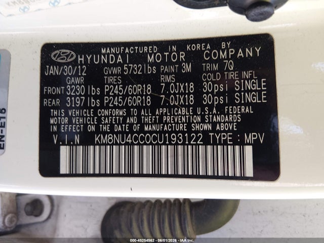 2012 Hyundai Veracruz Limited მანქანა იყიდება აუქციონზე, vin: KM8NU4CC0CU193122, აუქციონის ნომერი: 45254562