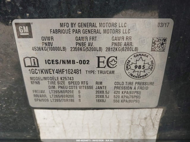 45254573 :رقم المزاد ، 1GC1KWEY4HF162481 vin ، 2017 Chevrolet Silverado 2500hd Ltz مزاد بيع