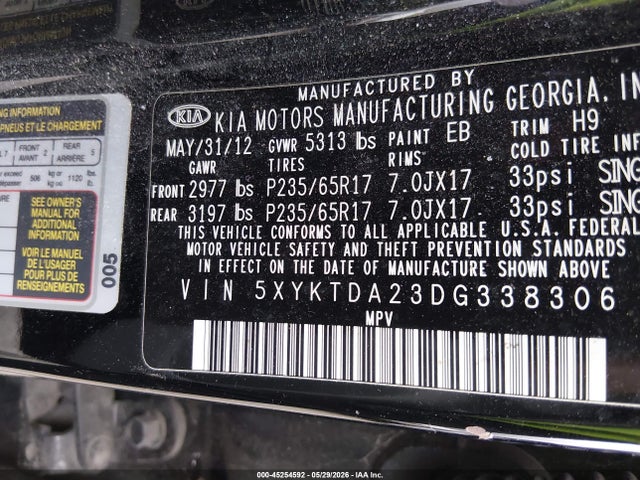 45254592 :رقم المزاد ، 5XYKTDA23DG338306 vin ، 2013 Kia Sorento Lx V6 مزاد بيع
