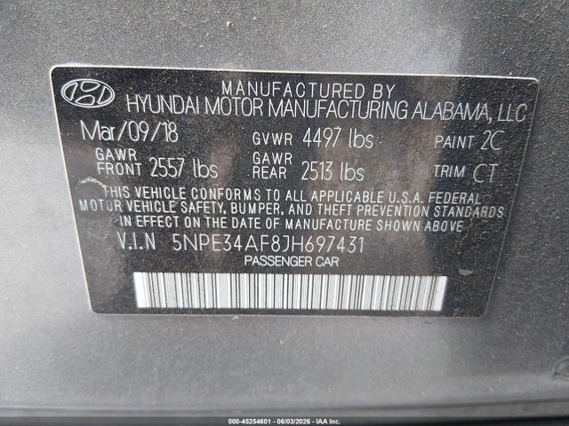 45254601 :رقم المزاد ، 5NPE34AF8JH697431 vin ، 2018 Hyundai Sonata Sport مزاد بيع