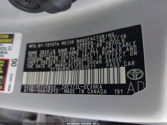 Aukcja sprzedaży 2018 Toyota Corolla Le, vin: 2T1BURHE1JC083611, numer aukcji: 45254608