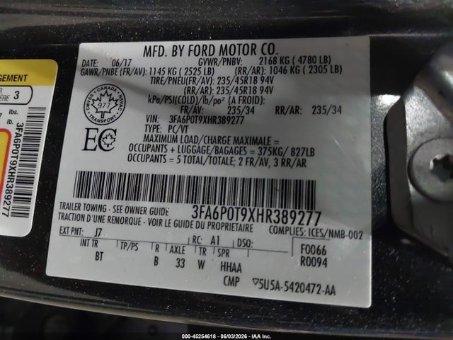 2017 Ford Fusion Se მანქანა იყიდება აუქციონზე, vin: 3FA6P0T9XHR389277, აუქციონის ნომერი: 45254618