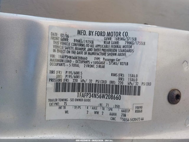 45254619 :رقم المزاد ، 1FAFP34N56W208660 vin ، 2006 Ford Focus Zx4 مزاد بيع