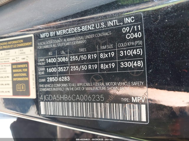 Продажа на аукционе авто 2012 Mercedes-benz Ml 350 4matic, vin: 4JGDA5HB6CA006235, номер лота: 45254621