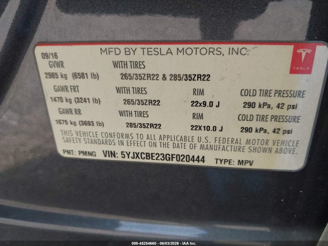 Aukcja sprzedaży 2016 Tesla Model X 60d/70d/75d/90d/p100d, vin: 5YJXCBE23GF020444, numer aukcji: 45254660