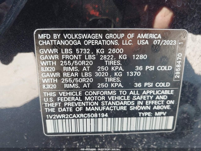 Продажа на аукционе авто 2024 Volkswagen Atlas 2.0t Se W/technology, vin: 1V2WR2CAXRC508194, номер лота: 45254664
