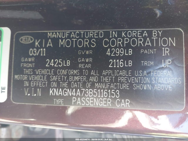 Aukcja sprzedaży 2011 Kia Optima Ex, vin: KNAGN4A73B5116153, numer aukcji: 45254674