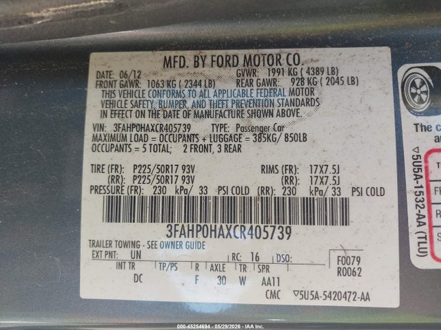 45254694 :رقم المزاد ، 3FAHP0HAXCR405739 vin ، 2012 Ford Fusion Se مزاد بيع