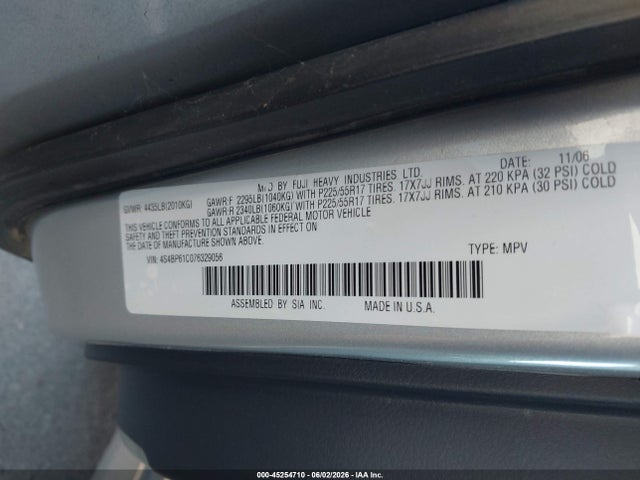 45254710 :رقم المزاد ، 4S4BP61C076329056 vin ، 2007 Subaru Outback 2.5i مزاد بيع