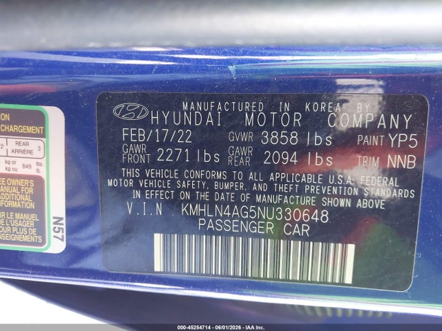 45254714 :رقم المزاد ، KMHLN4AG5NU330648 vin ، 2022 Hyundai Elantra Sel مزاد بيع