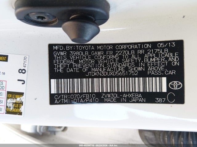 2013 Toyota Prius Two მანქანა იყიდება აუქციონზე, vin: JTDKN3DUXD5651752, აუქციონის ნომერი: 45254716