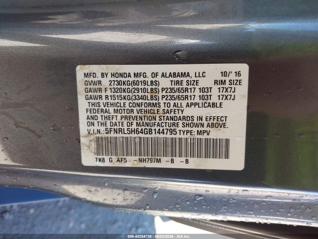 5FNRL5H64GB144795 Honda Odyssey Ex-l