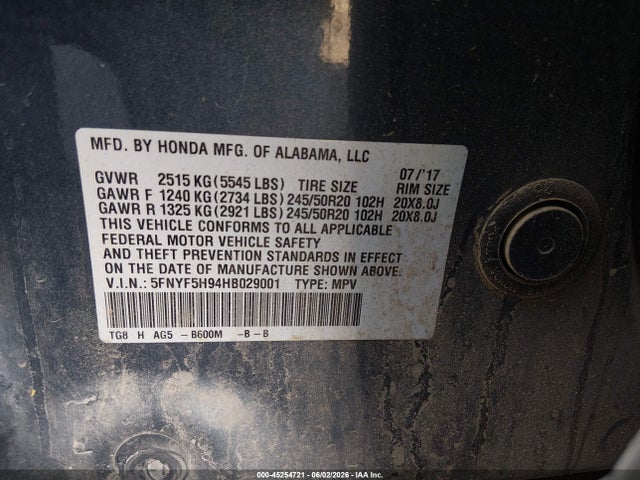 2017 Honda Pilot Touring მანქანა იყიდება აუქციონზე, vin: 5FNYF5H94HB029001, აუქციონის ნომერი: 45254721
