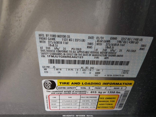 45254723 :رقم المزاد ، 1FMJU1G88REA62123 vin ، 2024 Ford Expedition Xl مزاد بيع