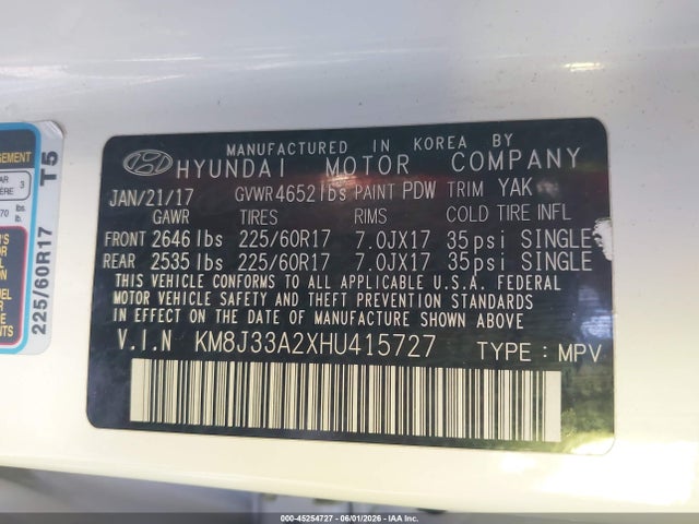 45254727 :رقم المزاد ، KM8J33A2XHU415727 vin ، 2017 Hyundai Tucson Eco مزاد بيع