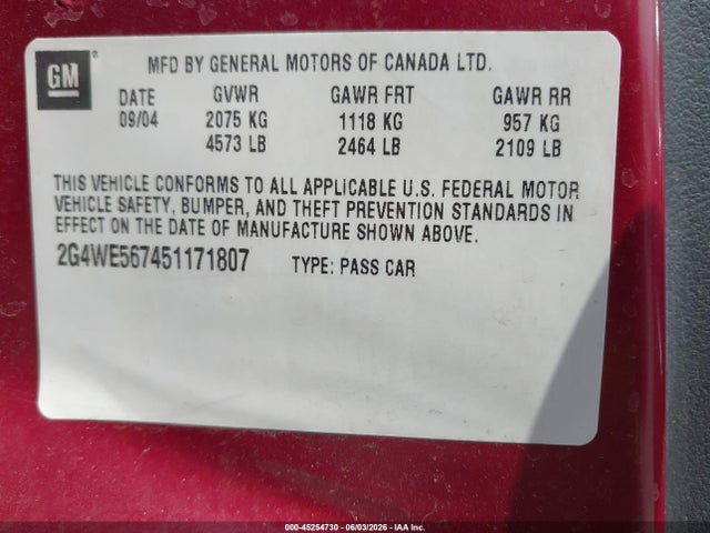45254730 :رقم المزاد ، 2G4WE567451171807 vin ، 2005 Buick Lacrosse Cxs مزاد بيع