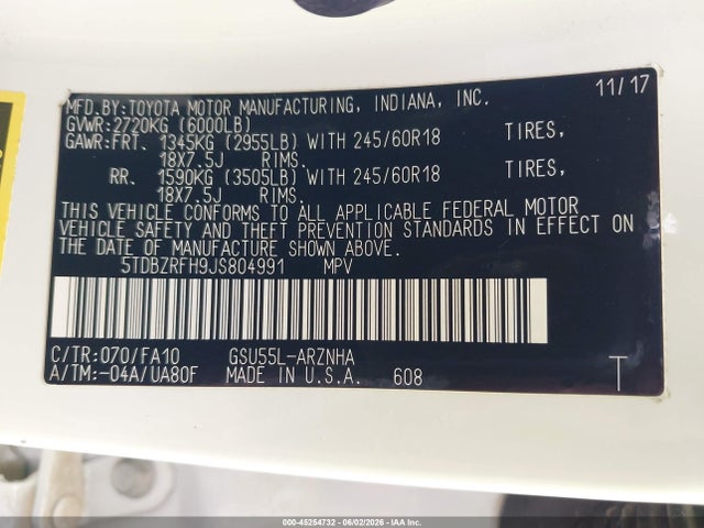 Aukcja sprzedaży 2018 Toyota Highlander Le Plus, vin: 5TDBZRFH9JS804991, numer aukcji: 45254732