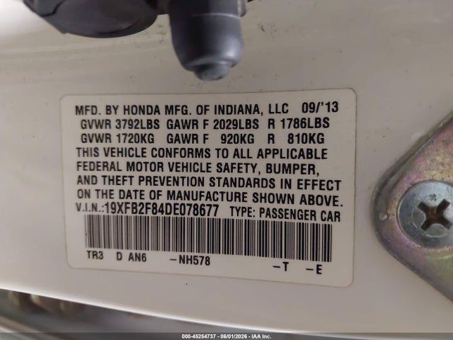 45254737 :رقم المزاد ، 19XFB2F84DE078677 vin ، 2013 Honda Civic Ex مزاد بيع