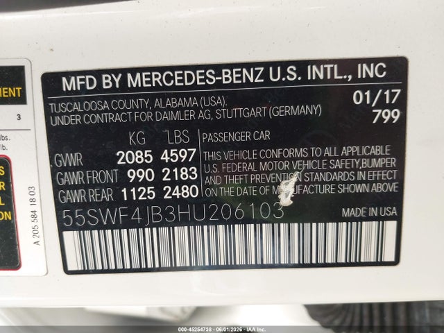 2017 Mercedes-benz C 300 მანქანა იყიდება აუქციონზე, vin: 55SWF4JB3HU206103, აუქციონის ნომერი: 45254738