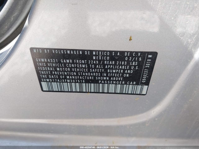 Продаж на аукціоні авто 2015 Volkswagen Jetta 1.8t Se, vin: 3VWD17AJXFM307516, номер лоту: 45254746