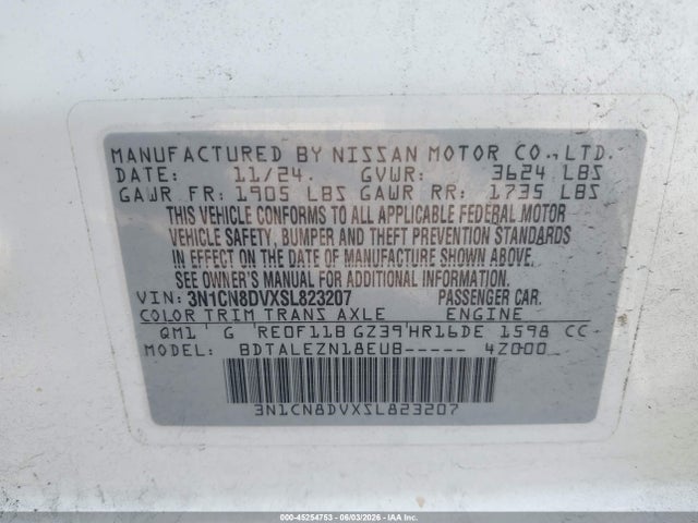 Продаж на аукціоні авто 2025 Nissan Versa 1.6 S, vin: 3N1CN8DVXSL823207, номер лоту: 45254753