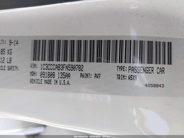 45254754 :رقم المزاد ، 1C3CCCAB3FN590782 vin ، 2015 Chrysler 200 Limited مزاد بيع