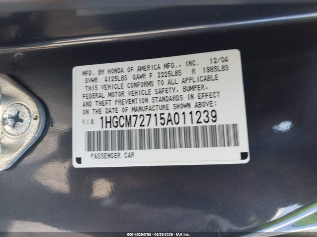 45254755 :رقم المزاد ، 1HGCM72715A011239 vin ، 2005 Honda Accord 2.4 Ex مزاد بيع
