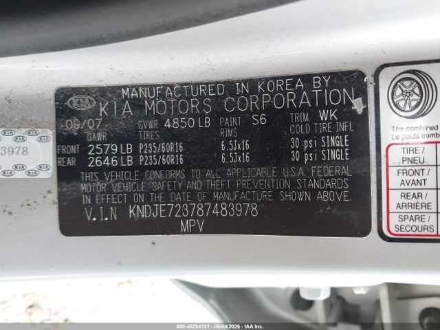 Aukcja sprzedaży 2008 Kia Sportage Lx V6, vin: KNDJE723787483978, numer aukcji: 45254761