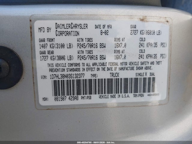 Продаж на аукціоні авто 2003 Dodge Dakota Sport/sxt, vin: 1D7HL38N03S132377, номер лоту: 45254765