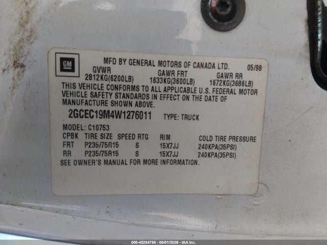 Aukcja sprzedaży 1998 Chevrolet C1500 Fleetside, vin: 2GCEC19M4W1276011, numer aukcji: 45254766